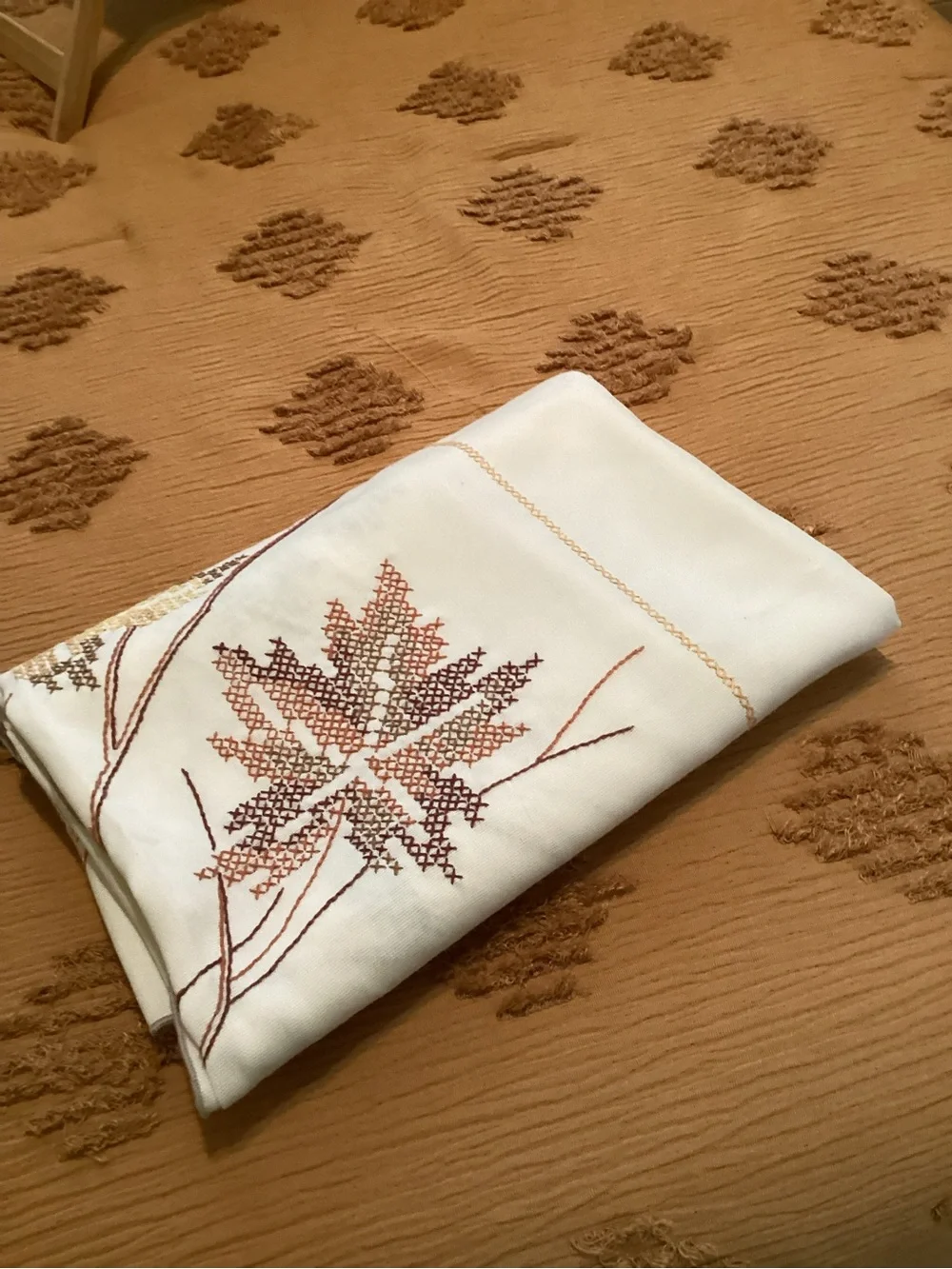 Handmade Embroidered Autumn Leaf Tablecloth - Cream with Fall Leaves 66x50